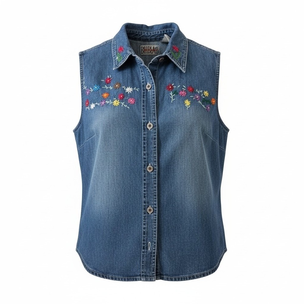 Bill Blass Women Denim Vest Floral Embroidered Cotton Boho Casual Blue XL